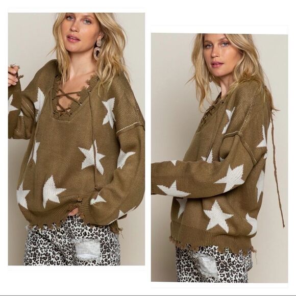 𝅺pol Boho Sweater w/ Tattered Edges & Lace-Up Front/Back - Picture 3 of 11